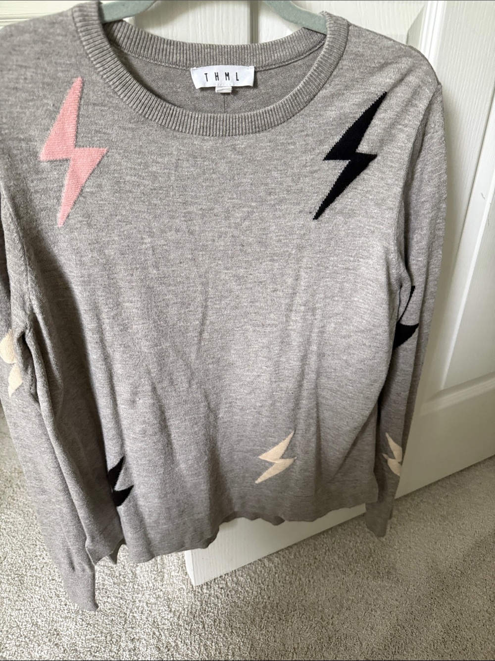 THML Heather Gray Lightning Bolt Crewneck with Pink & Black Accents